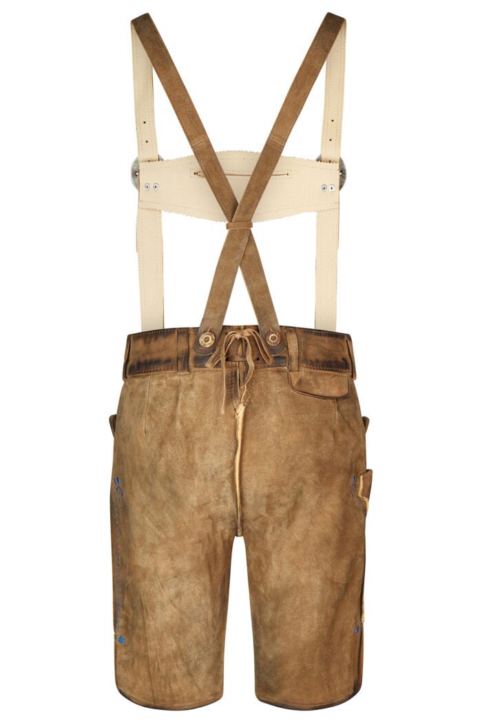 Vintage brown lederhosen with blue floral embroidery back view