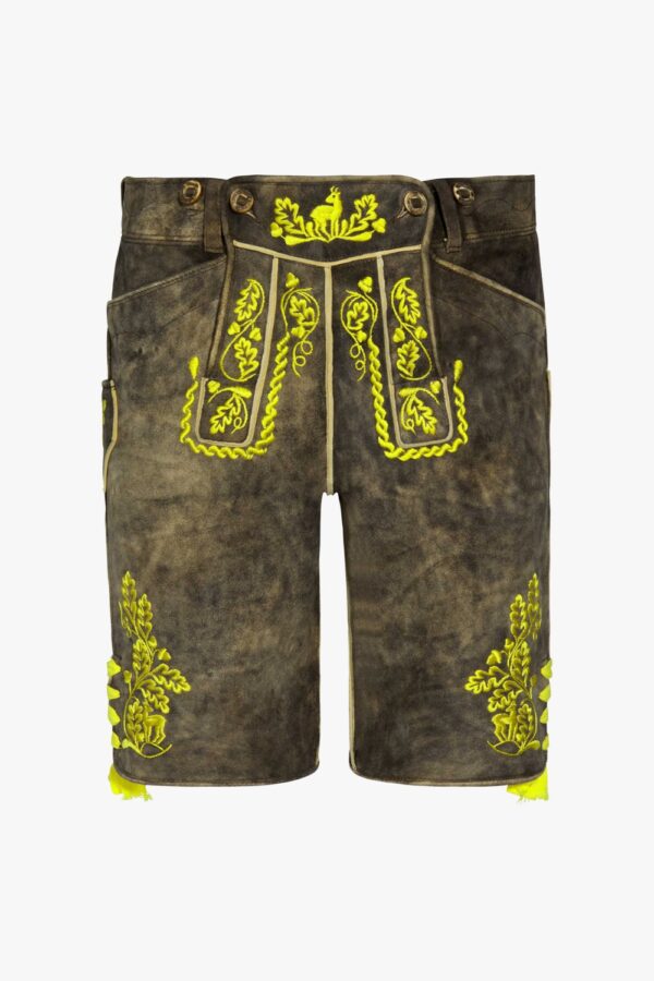 Authentic Bavarian Trachten lederhosen front view in brown leather with yellow embroidery