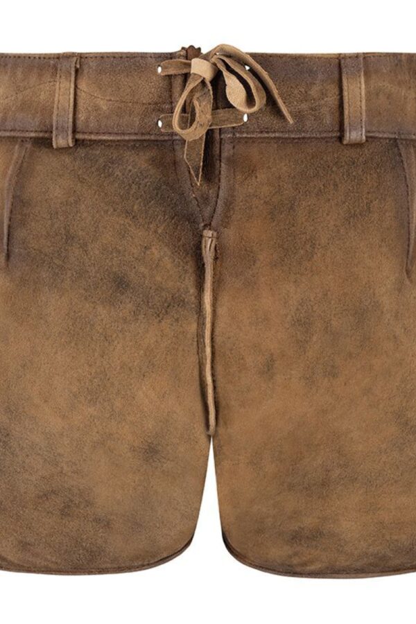 Back of Antique brown women’s lederhosen with beige embroidery