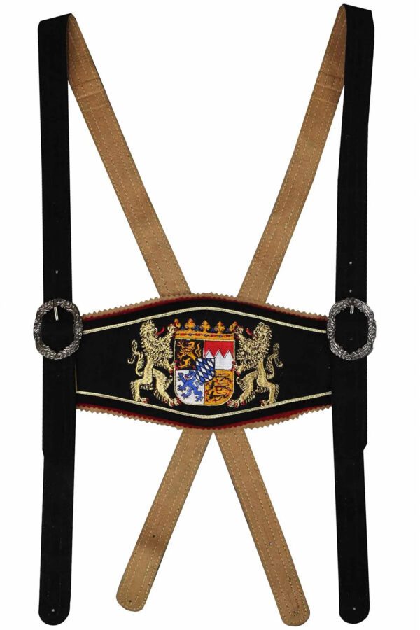 Black lederhosen suspenders with Bavarian crest embroidery