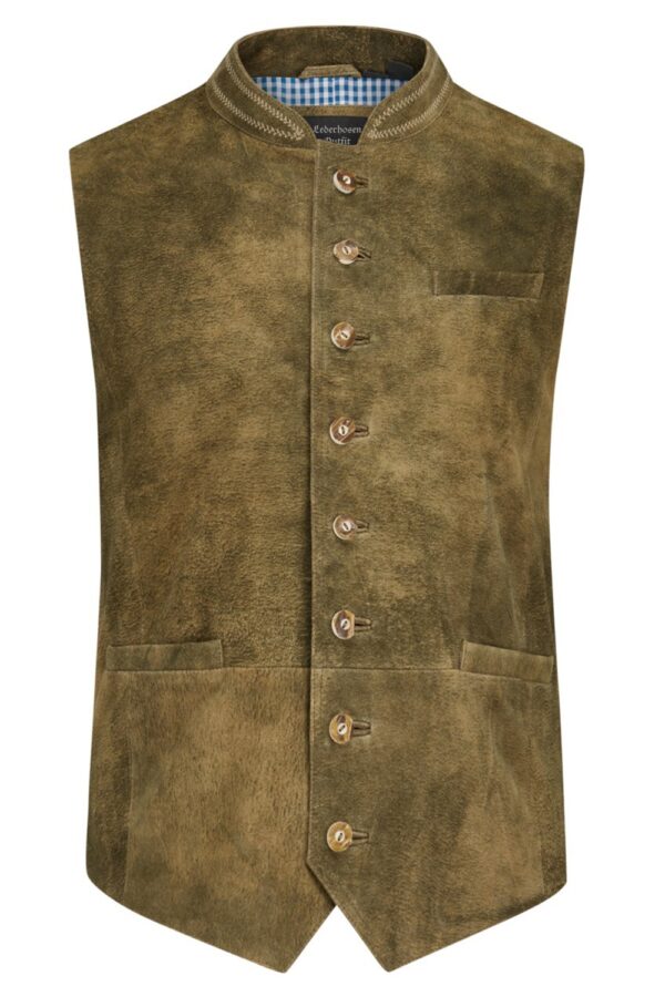 Front view of Men's Rustic olive suede leather Oktoberfest vest