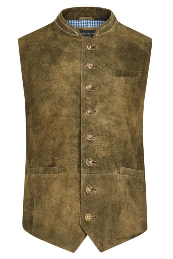 Front view of Men's Rustic olive suede leather Oktoberfest vest