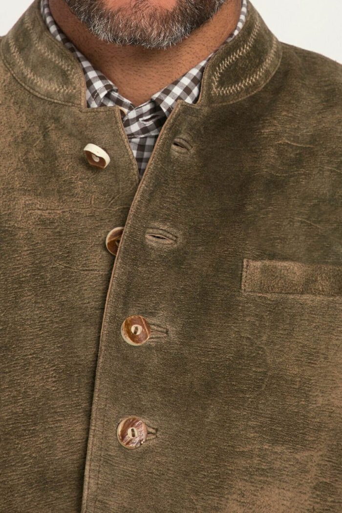 Detail view of rustic olive suede vest