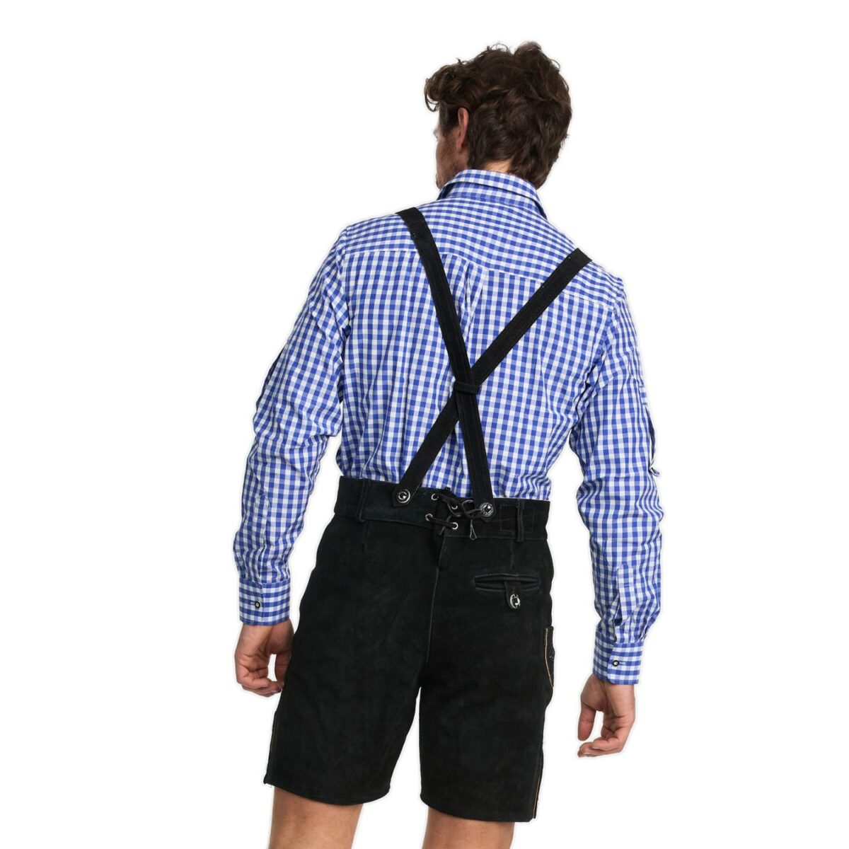 Back view of authentic black lederhosen with traditional Bavarian embroidery