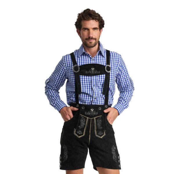 Man wearing authentic black lederhosen with traditional Bavarian embroidery