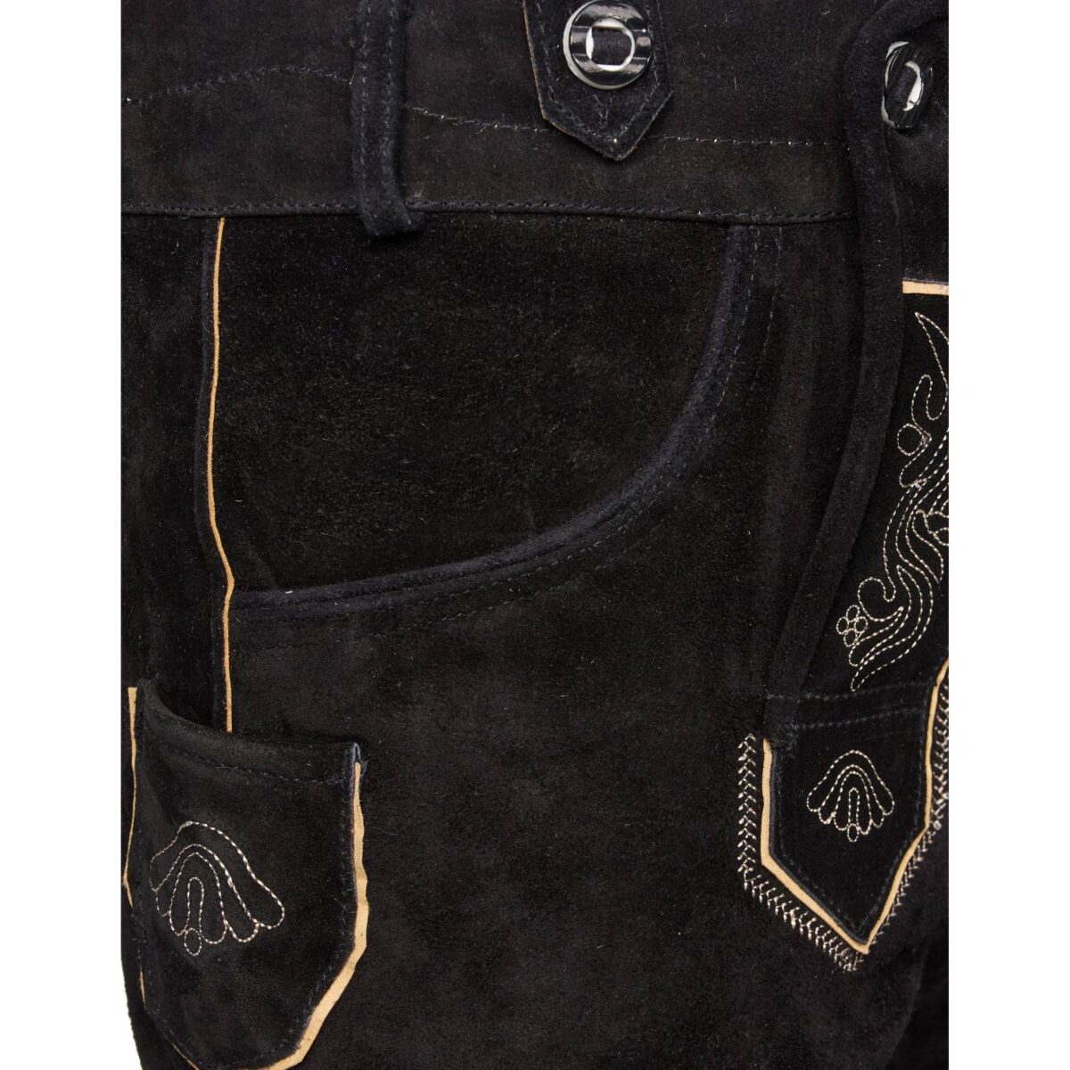 Pocket of authentic black lederhosen with traditional Bavarian embroidery