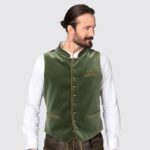 Man wearing olive green authentic lederhosen vest, zoomed