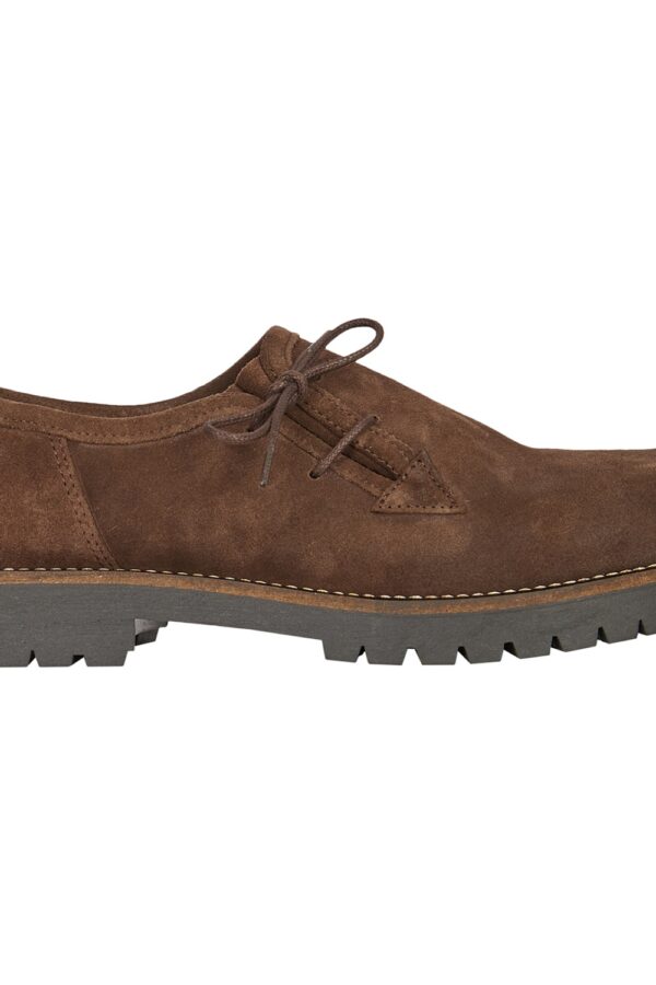 Side of handcrafted Bavarian shoes in dark brown suede