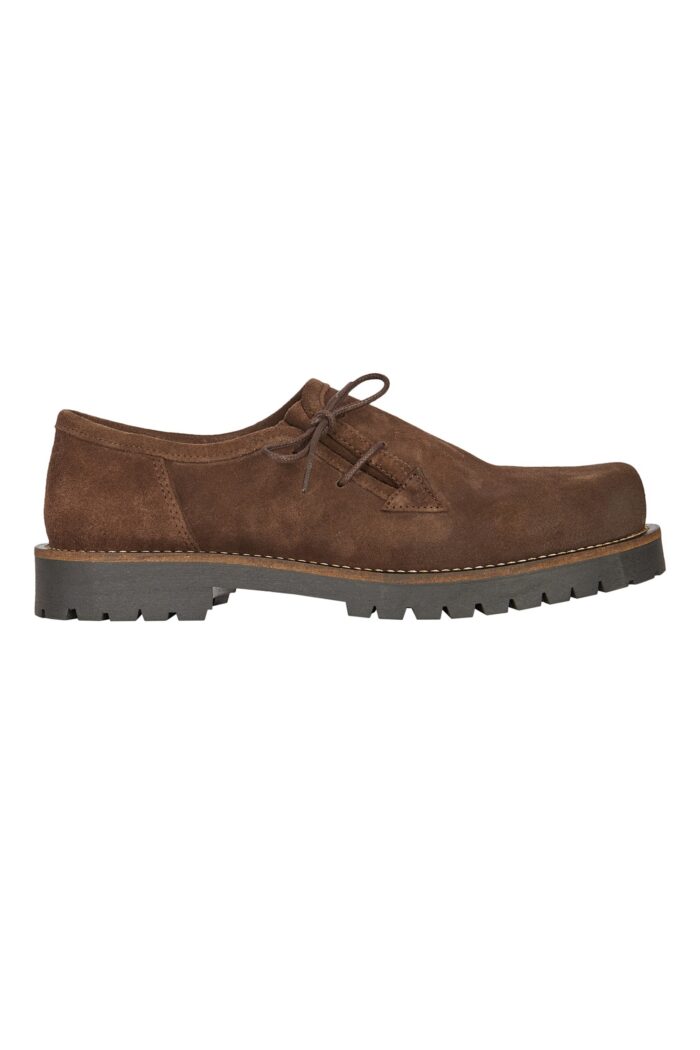 Side of handcrafted Bavarian shoes in dark brown suede