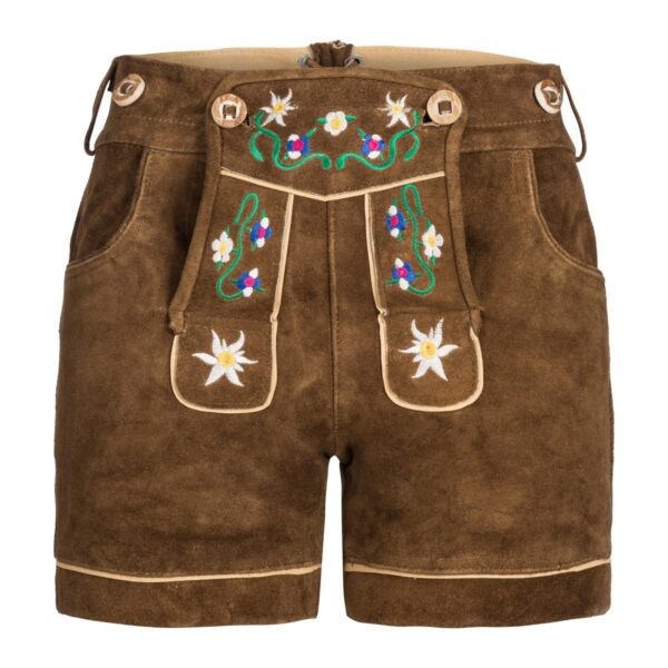 Women's floral embroidered lederhosen in soft brown suede