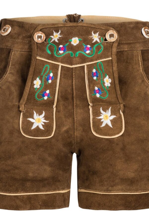 Women's floral embroidered lederhosen in soft brown suede