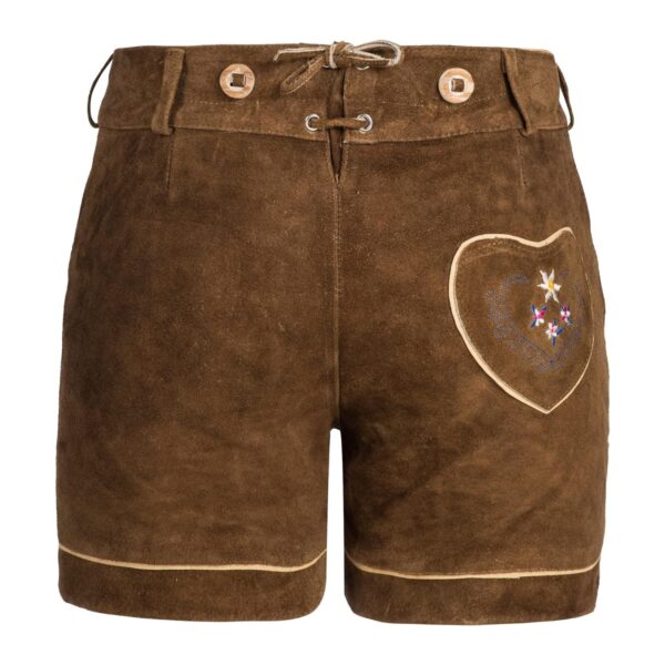 Back of women's floral embroidered lederhosen in soft brown suede