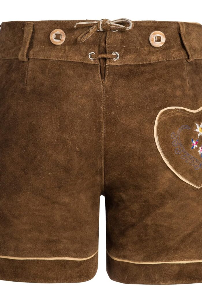 Back of women's floral embroidered lederhosen in soft brown suede