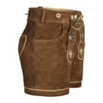 Side of women's floral embroidered lederhosen in soft brown suede