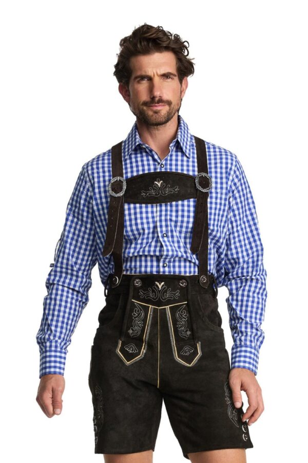 Handcrafted Trachten lederhosen in deep forest brown on man