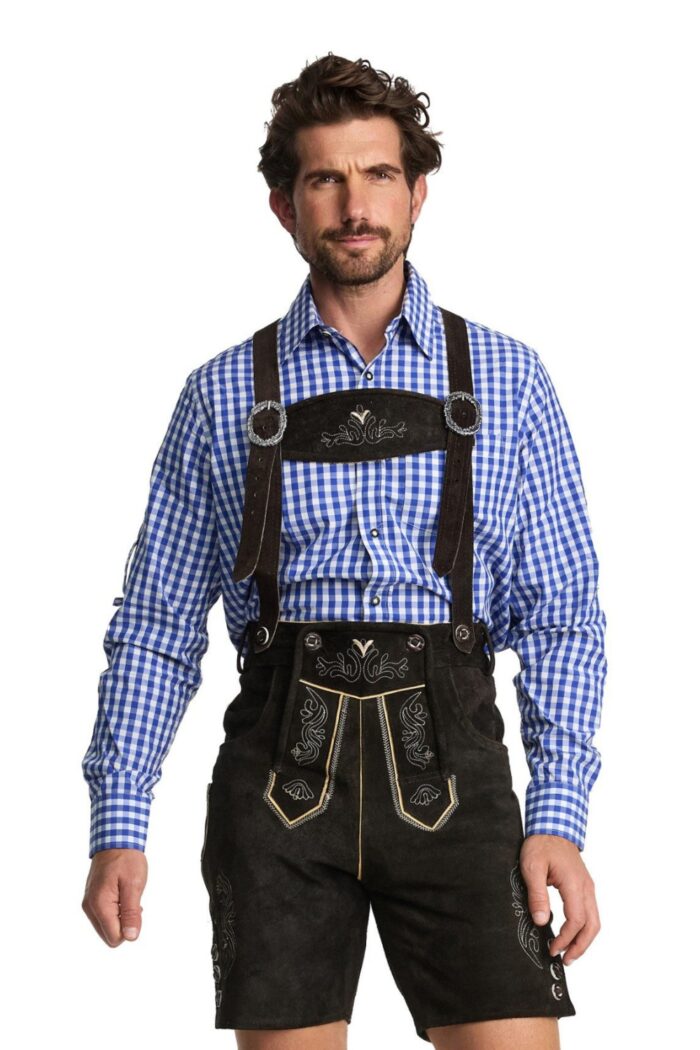 Handcrafted Trachten lederhosen in deep forest brown on man