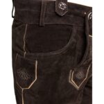 Handcrafted Trachten lederhosen in deep forest brown close view