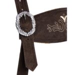 Handcrafted Trachten lederhosen in deep forest brown suspender buckle
