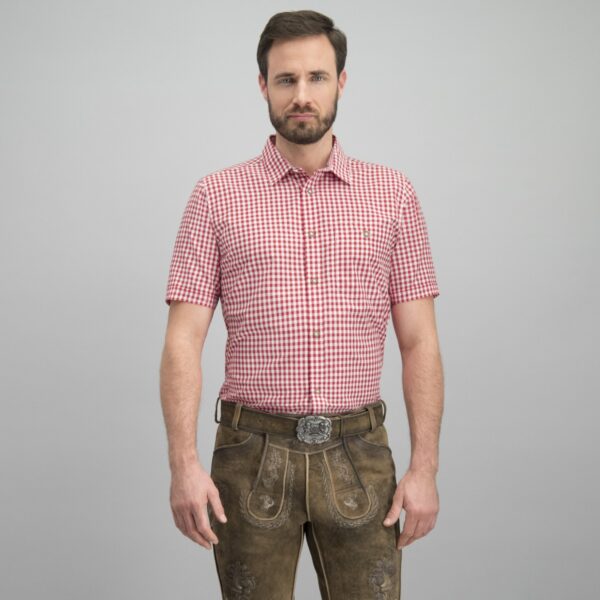 Man wearing short sleeve lederhosen shirt in red check pattern
