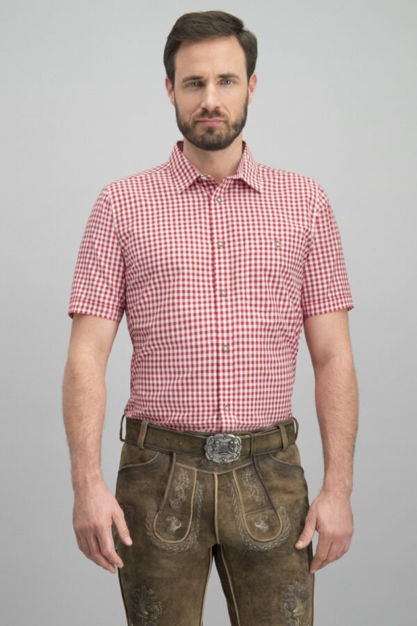 Man wearing short sleeve lederhosen shirt in red check pattern