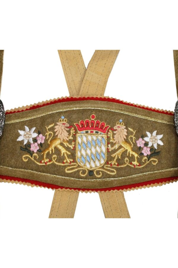 Detailed embroidery on Oktoberfest suspenders for lederhosen