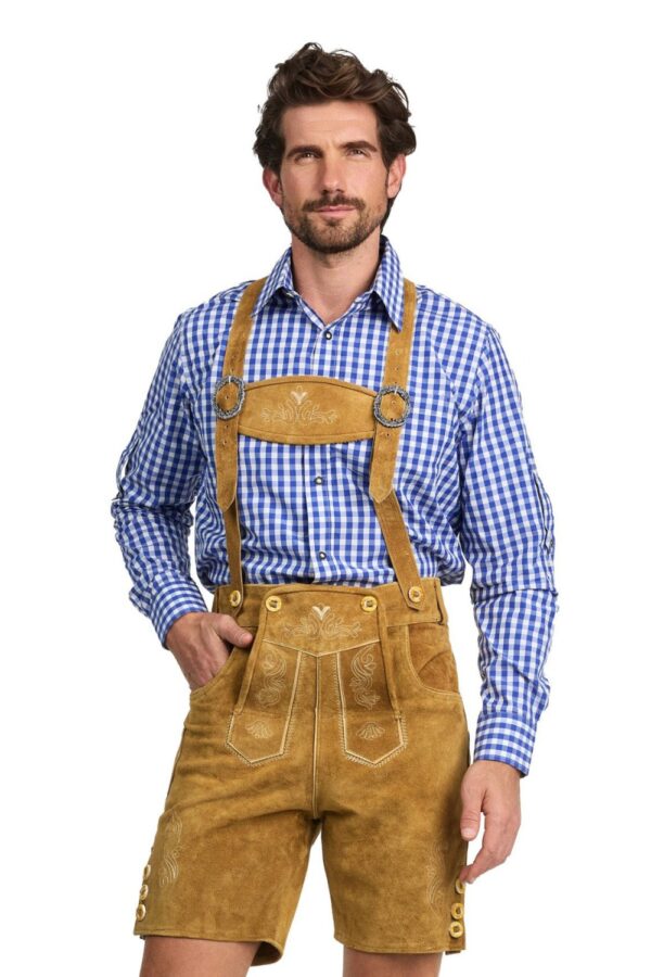 Man wearing premium tan suede lederhosen shorts with suspenders