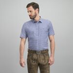 Man wearing Bavarian short sleeve shirt in blue gingham