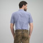 Back of short sleeve traditional men's shirt in blue check