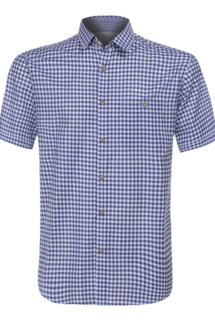 Short sleeve traditional men's Bavarian shirt in blue gingham