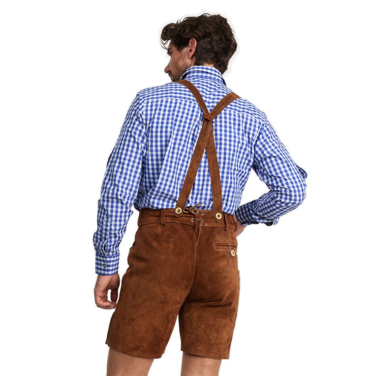 Back View of Man wearing traditional German lederhosen in dark oak brown
