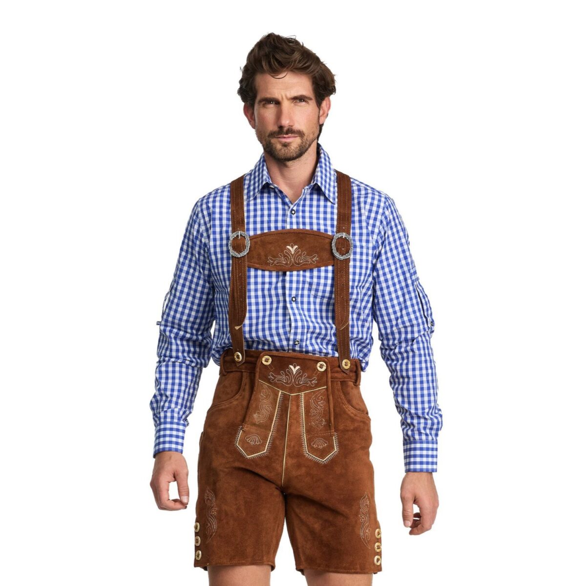 Man wearing traditional German lederhosen in dark oak brown