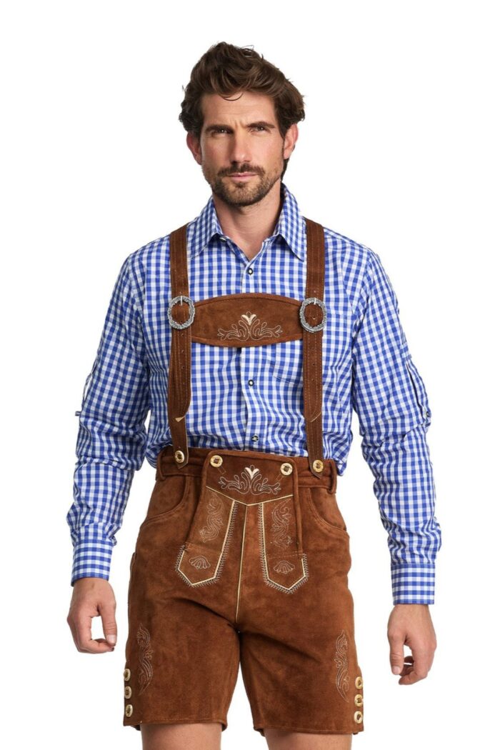 Man wearing traditional German lederhosen in dark oak brown