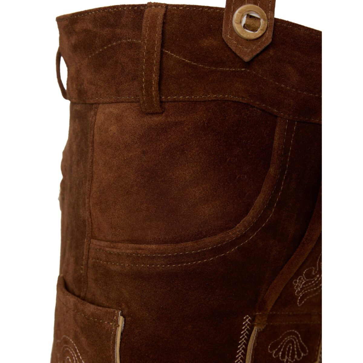Pocket of traditional German lederhosen in dark oak brown