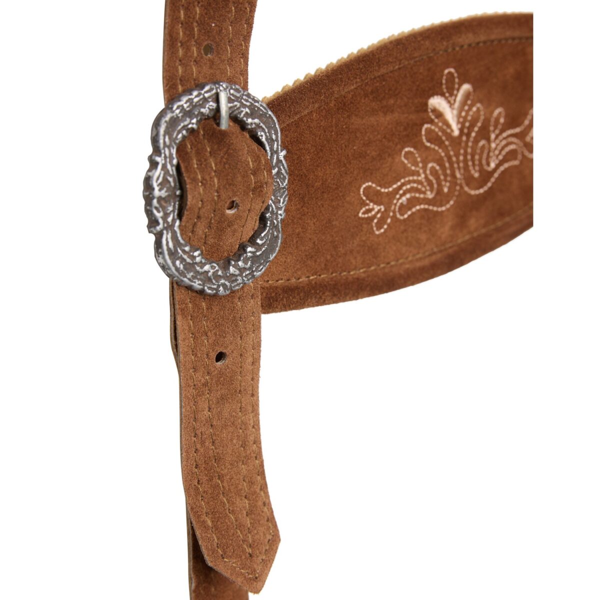 Suspender's closer look of traditional German lederhosen in dark oak brown