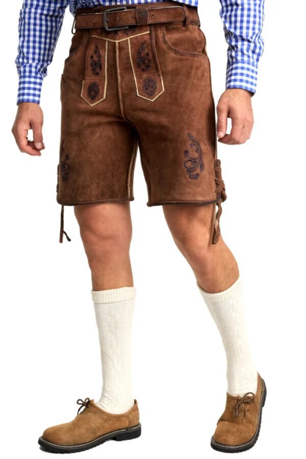 Front focus view of Model wearing Bold Bavarian brown Trachten lederhosen for men