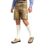 Front View of man wearing of handcrafted German lederhosen in mountain beige