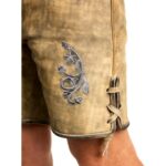 Thigh Embroidery of handcrafted German lederhosen in mountain beige