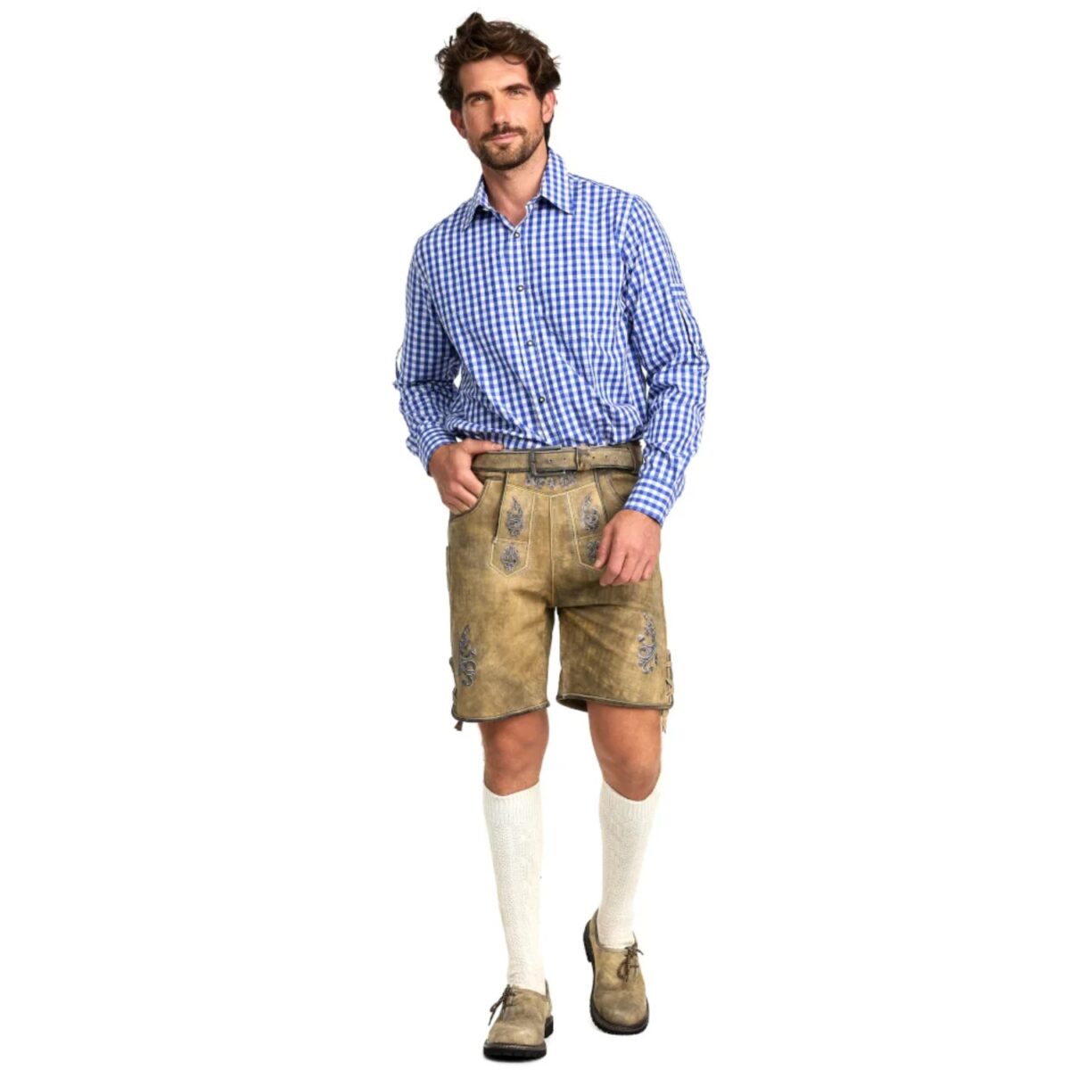 Man wearing handcrafted German lederhosen in mountain beige
