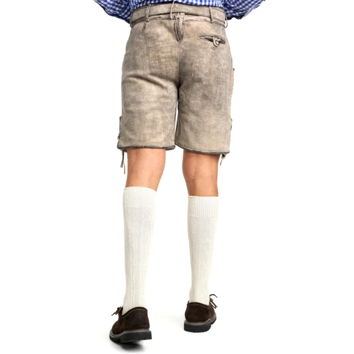 Back view of model wearing rustic grey Oktoberfest lederhosen