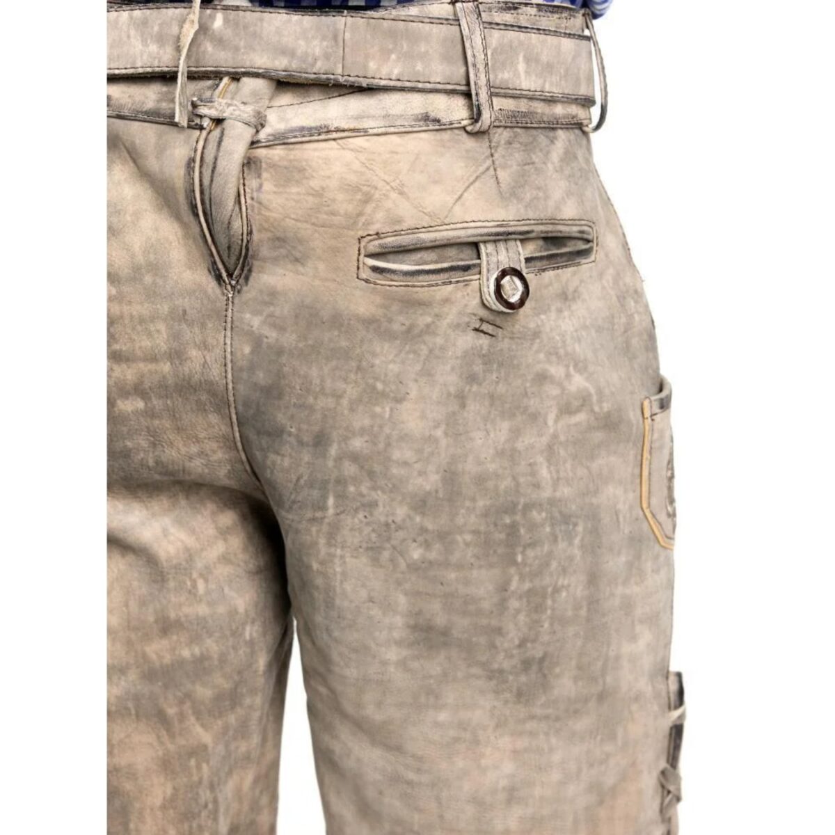 Back pocket of rustic grey Oktoberfest lederhosen