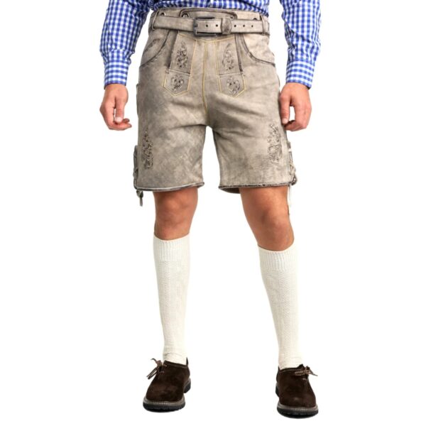 Front focus view of model wearing rustic grey Oktoberfest lederhosen
