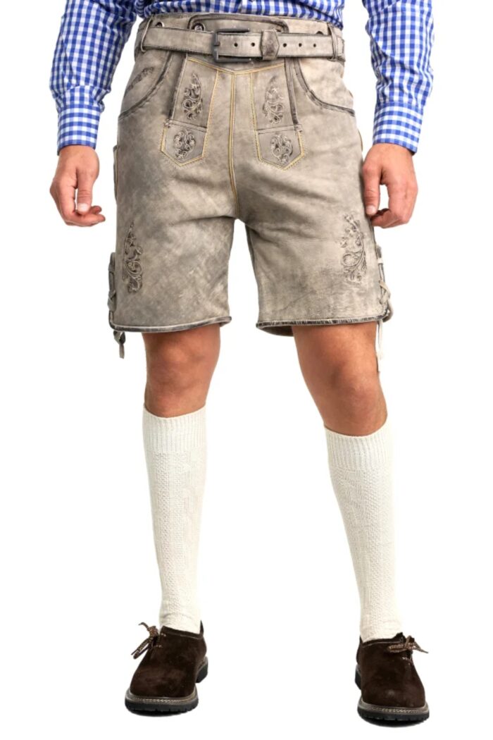 Front focus view of model wearing rustic grey Oktoberfest lederhosen