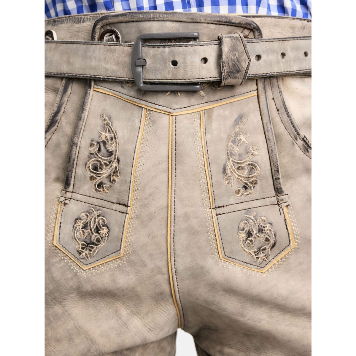 Front embroidery view of model wearing rustic grey Oktoberfest lederhosen