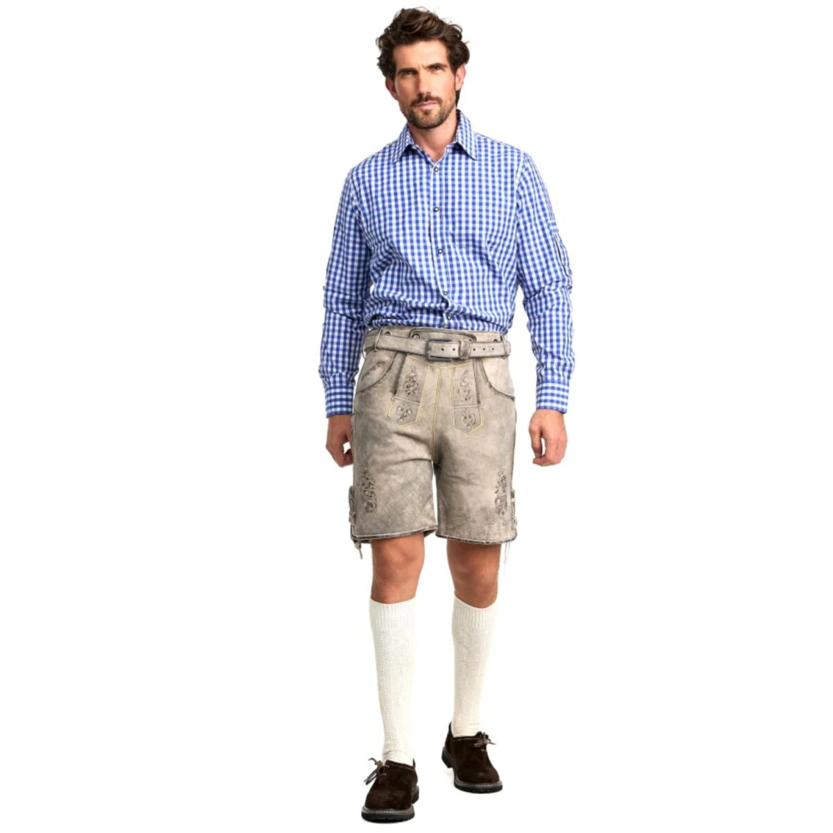 Man wearing Luxurious rustic grey Oktoberfest lederhosen for men