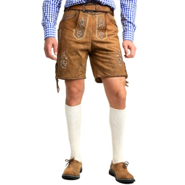 Front view of man wearing premium deerskin lederhosen in Bavarian style
