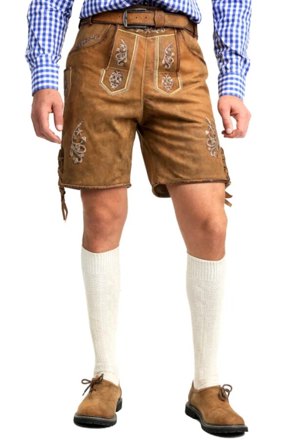 Front view of man wearing premium deerskin lederhosen in Bavarian style
