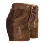 Side view of stunning dark brown women’s lederhosen shorts
