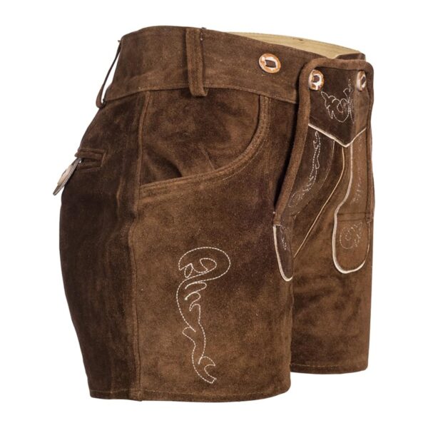 Side view of stunning dark brown women’s lederhosen shorts