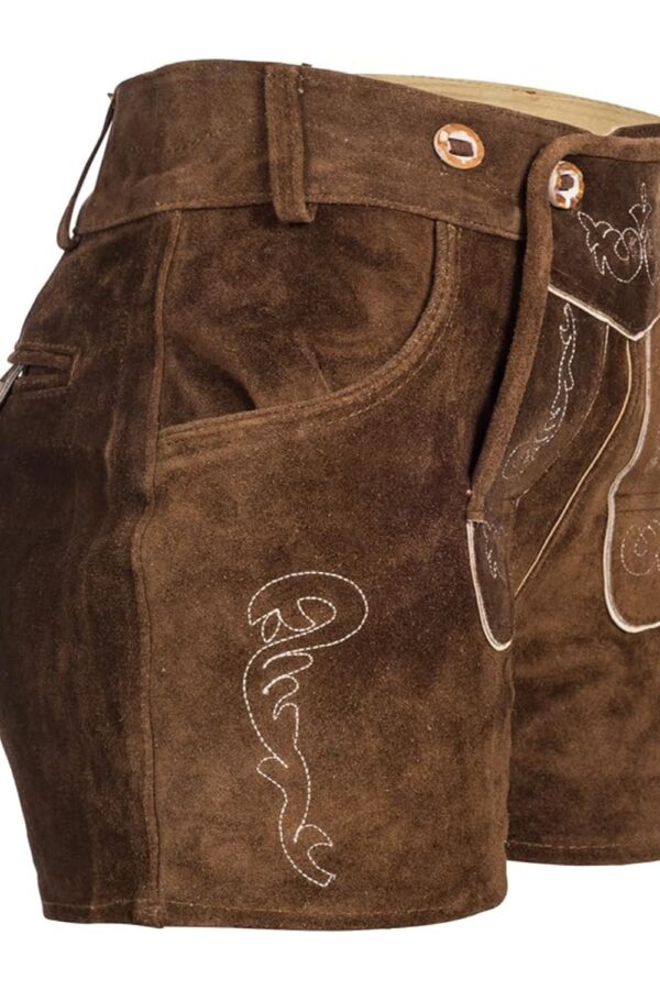 Side view of stunning dark brown women’s lederhosen shorts