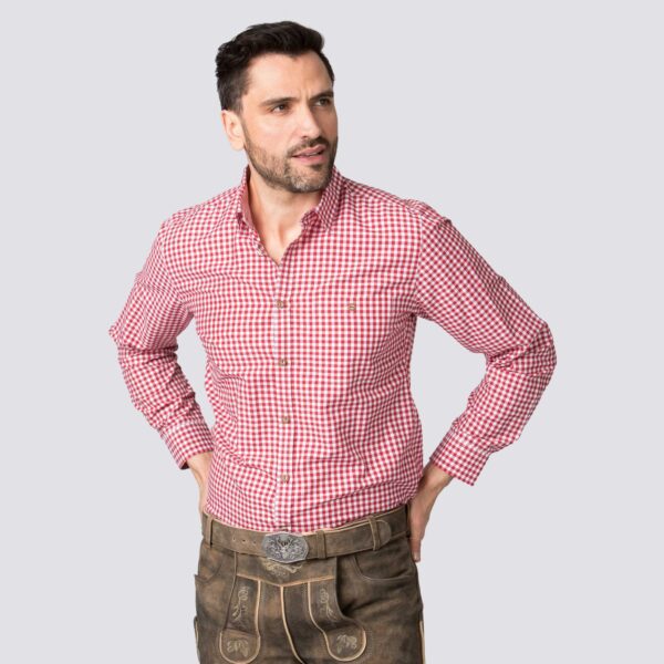 Vibrant Men's Trachten Shirt with Red Gingham front